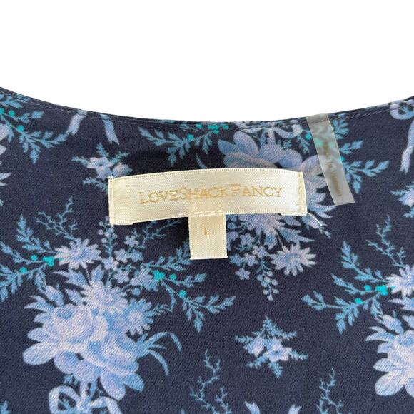 LoveShackFancy Brickell Blue Gathered Floral Print Crepe Mini Dress Size Large - Picture 3 of 13